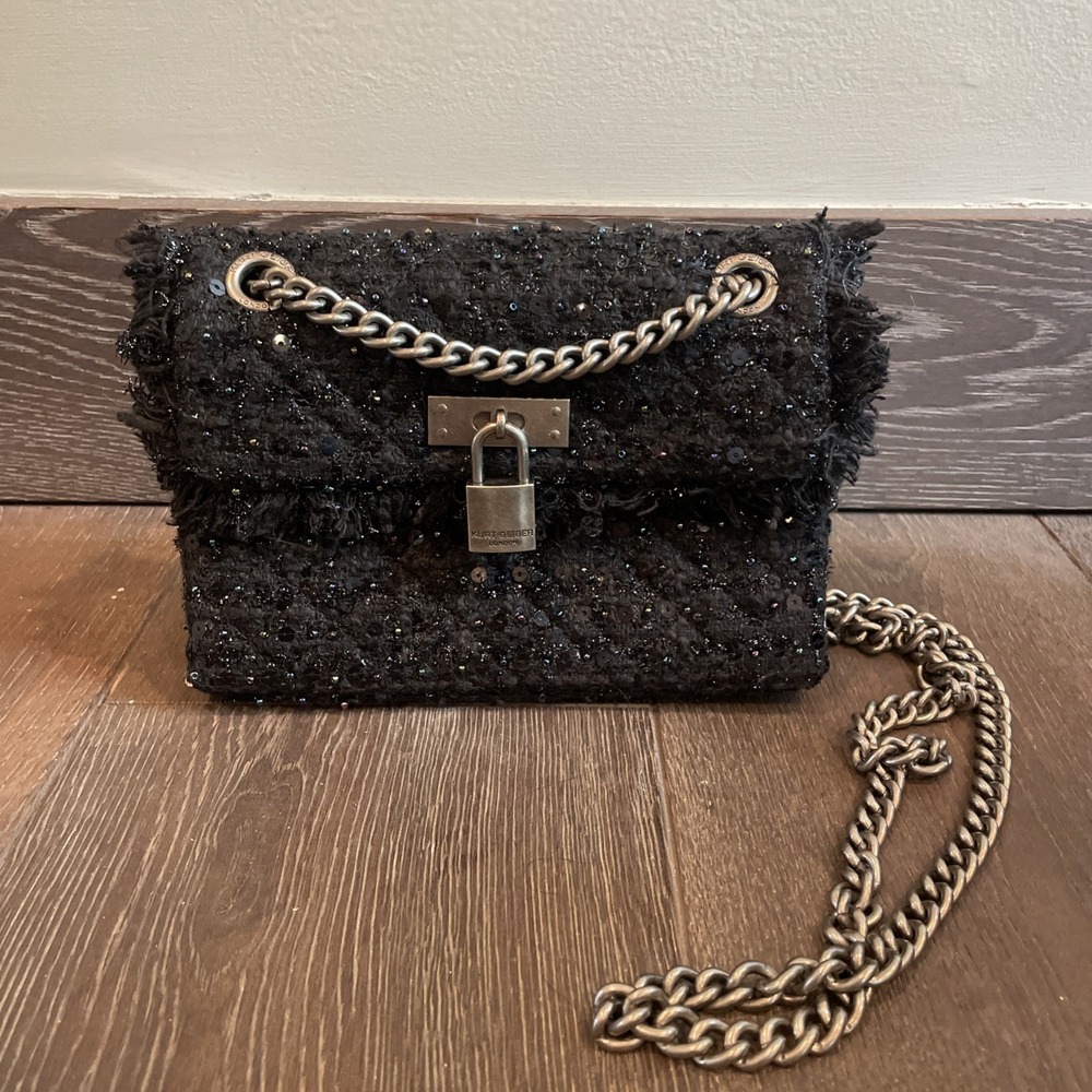 Kurt Geiger The Braxton Small Crossbody Purse Bag Black Sequin Tweed‎